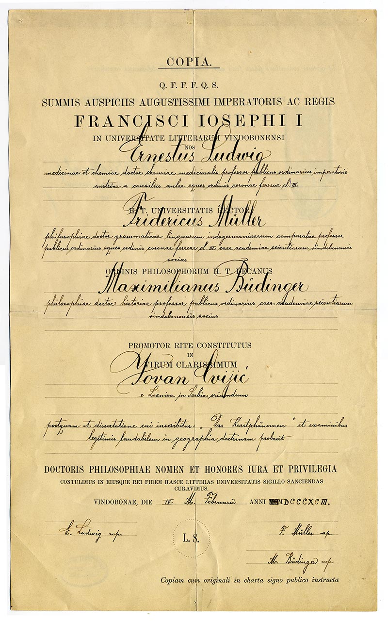 Диплома о промоцији Јована Цвијића за доктора наука