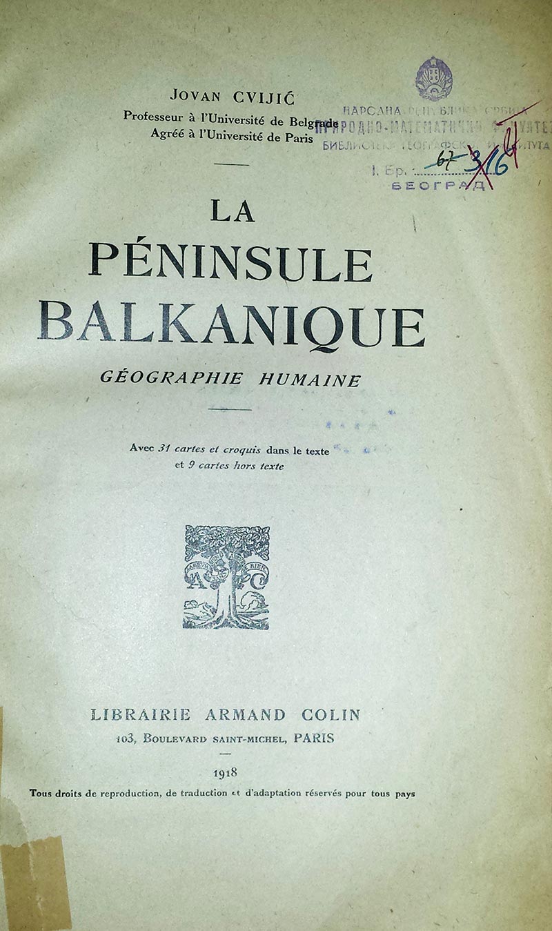 Насловна страна Цвијићеве монографије „Балканско полуострво. Друштвена географија“.